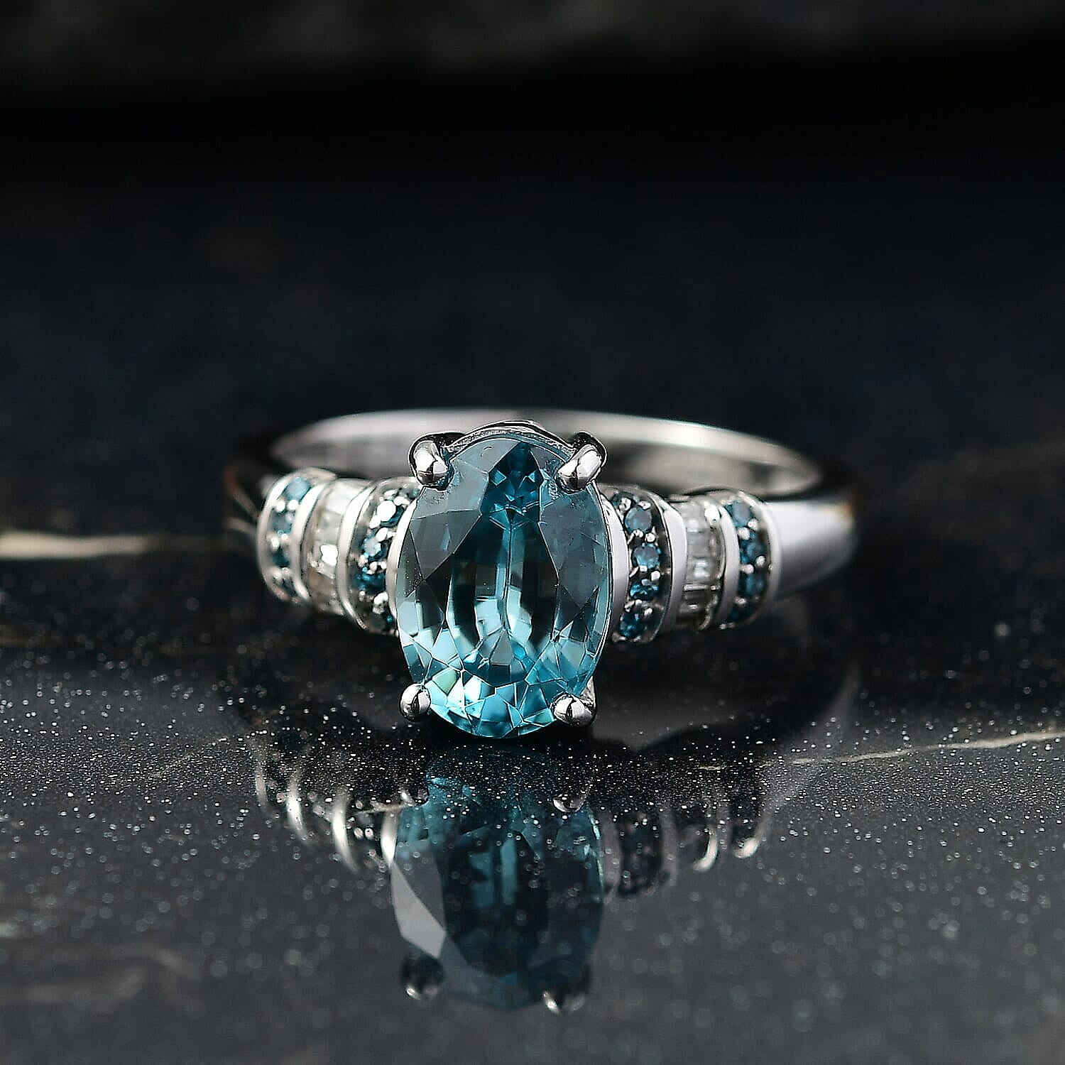 D'Joy Cambodian Blue Zircon, Blue Diamond (IR), Diamond Ring in Rhodium Over Sterling Silver (Size 10.0) 2.85 ctw
