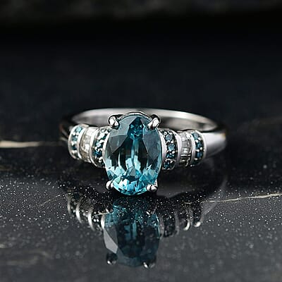 D'Joy Cambodian Blue Zircon, Blue Diamond (IR), Diamond Ring in Rhodium Over Sterling Silver (Size 10.0) 2.85 ctw