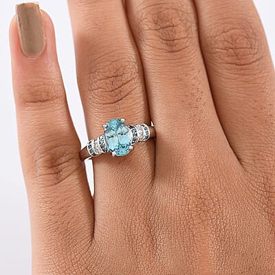 D'Joy Cambodian Blue Zircon, Blue Diamond (IR), Diamond Ring in Rhodium Over Sterling Silver (Size 10.0) 2.85 ctw