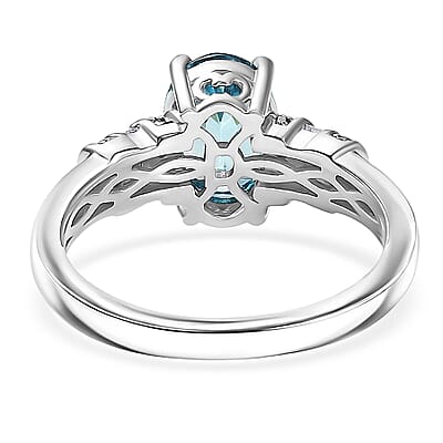 D'Joy Cambodian Blue Zircon, Blue Diamond (IR), Diamond Ring in Rhodium Over Sterling Silver (Size 10.0) 2.85 ctw