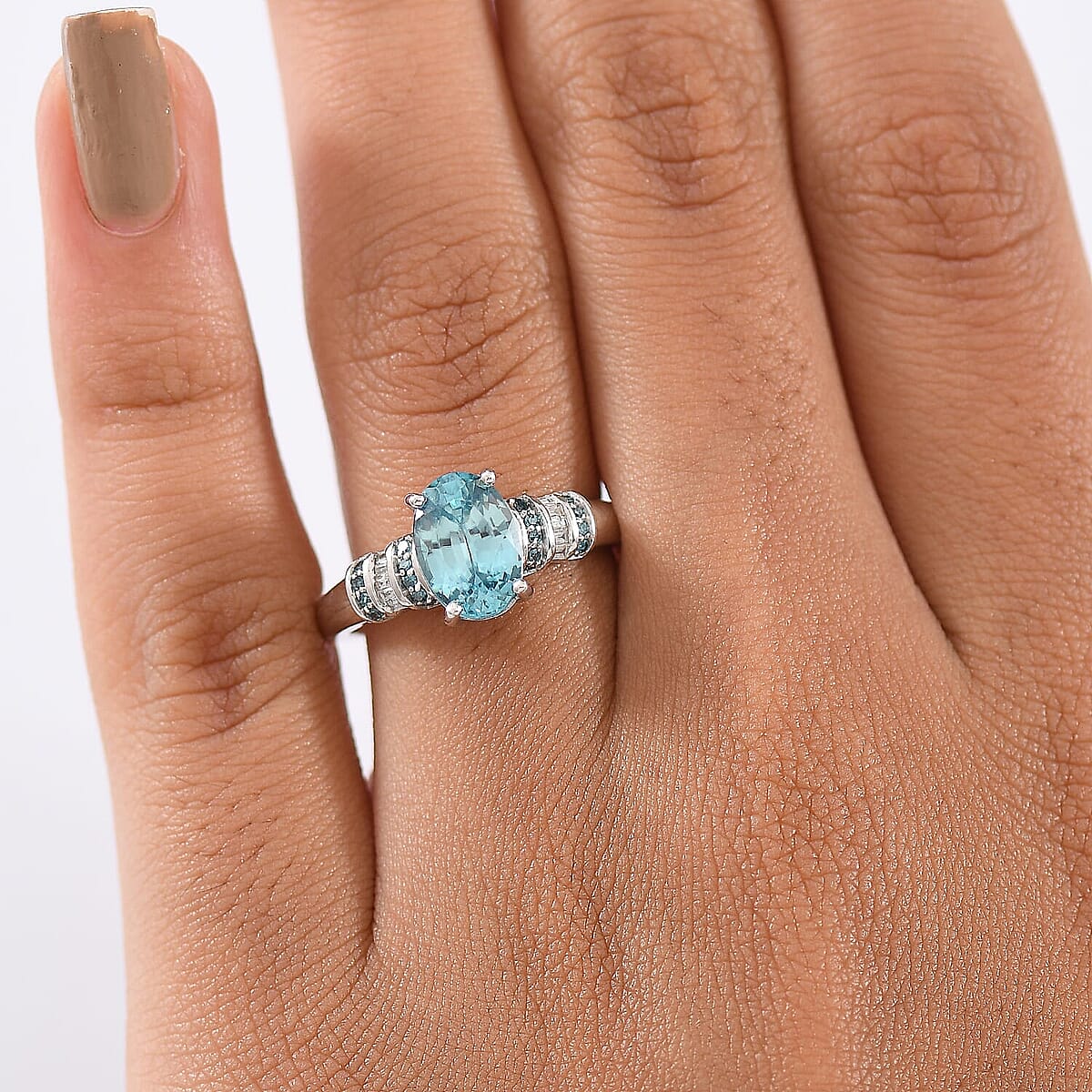 D'Joy Cambodian Blue Zircon, Blue Diamond (IR), Diamond Ring in Rhodium Over Sterling Silver (Size 10.0) 2.85 ctw image number 2