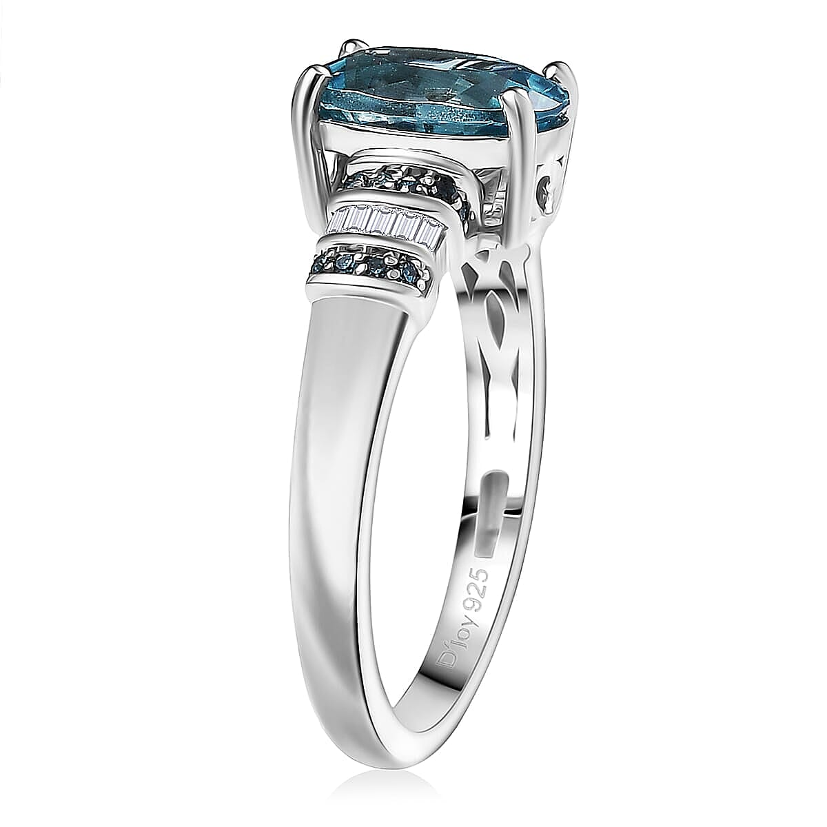 D'Joy Cambodian Blue Zircon, Blue Diamond (IR), Diamond Ring in Rhodium Over Sterling Silver (Size 7.0) 2.85 ctw image number 3