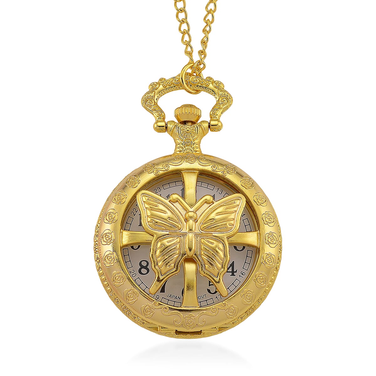 Strada Japanese Movement Rose Pattern Rotating Butterfly Pocket Watch with Chain (36 Inches) in Goldtone image number 0