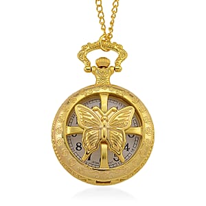 Strada Japanese Movement Rose Pattern Rotating Butterfly Pocket Watch with Chain (36 Inches) in Goldtone