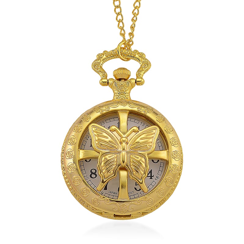 Strada Japanese Movement Rose Pattern Rotating Butterfly Pocket Watch with Chain (36 Inches) in Goldtone