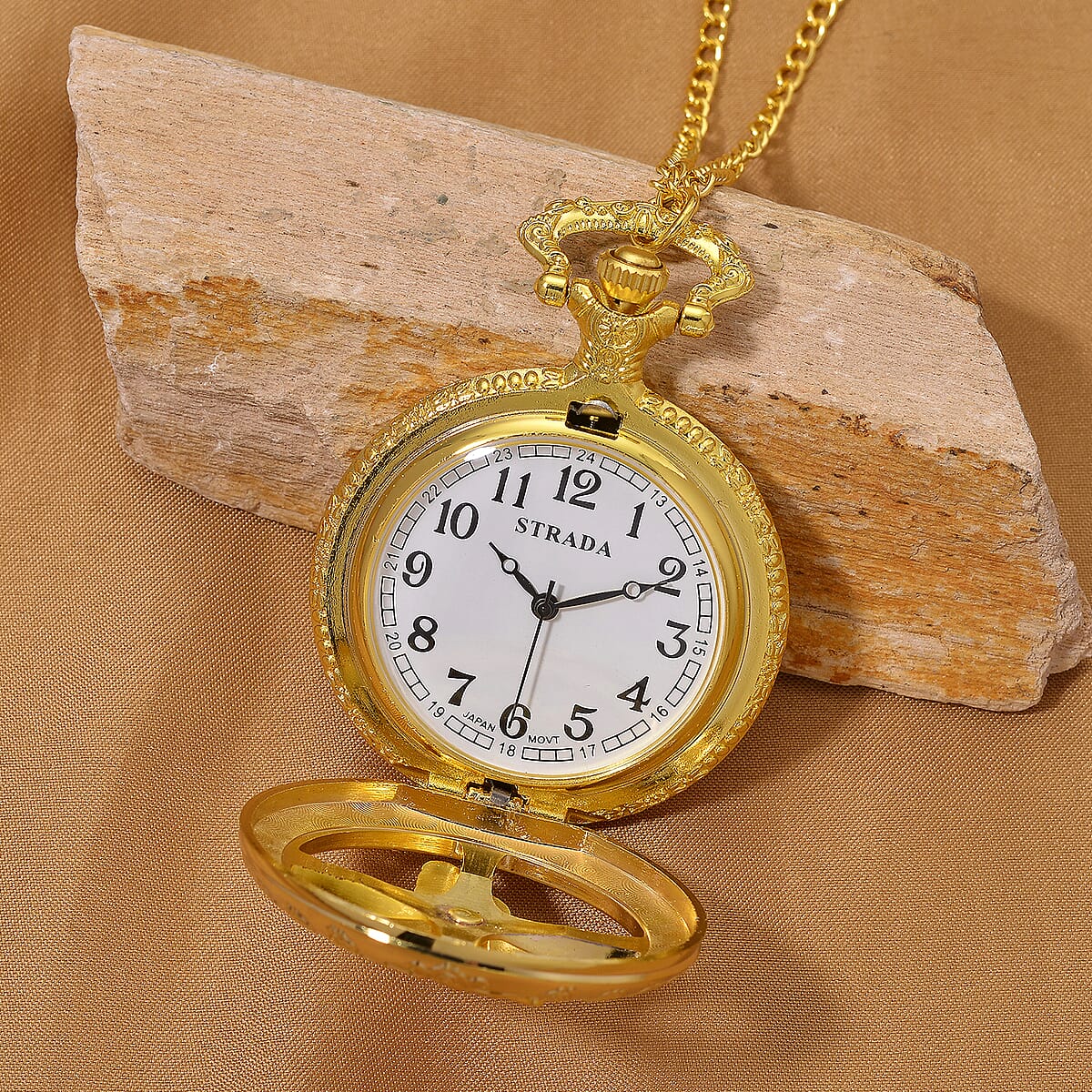 Strada Japanese Movement Rose Pattern Rotating Butterfly Pocket Watch with Chain (36 Inches) in Goldtone image number 2