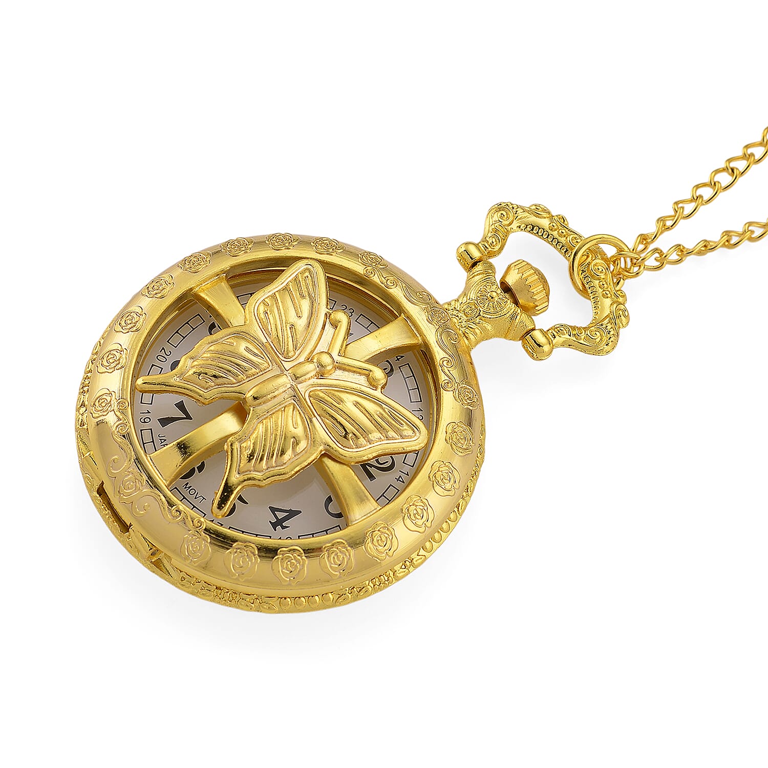 Strada Japanese Movement Rose Pattern Rotating Butterfly Pocket Watch with Chain (36 Inches) in Goldtone