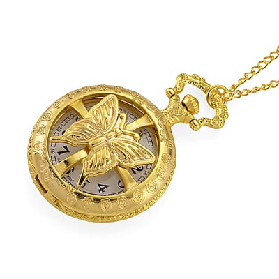 Strada Japanese Movement Rose Pattern Rotating Butterfly Pocket Watch with Chain (36 Inches) in Goldtone