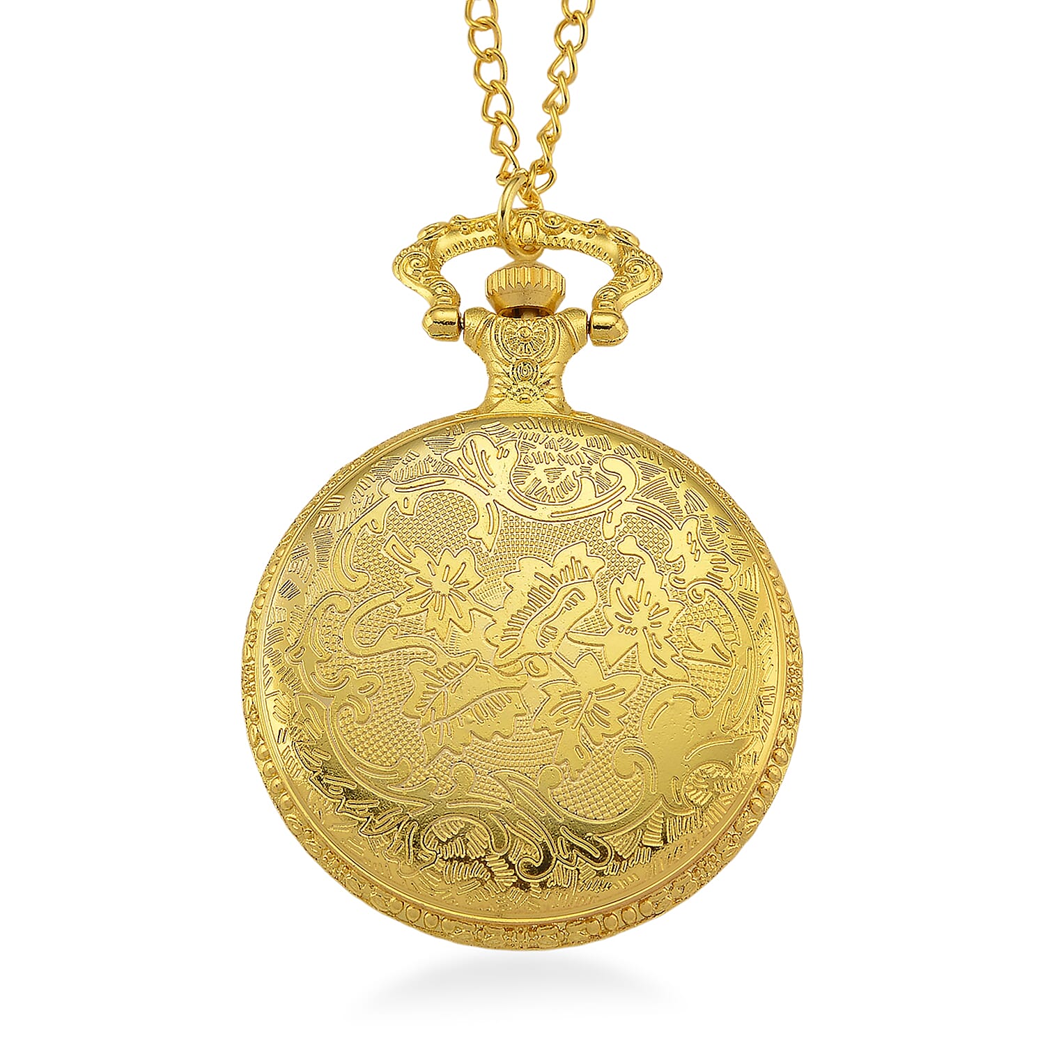 Strada Japanese Movement Rose Pattern Rotating Butterfly Pocket Watch with Chain (36 Inches) in Goldtone