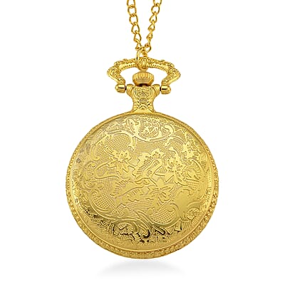 Strada Japanese Movement Rose Pattern Rotating Butterfly Pocket Watch with Chain (36 Inches) in Goldtone
