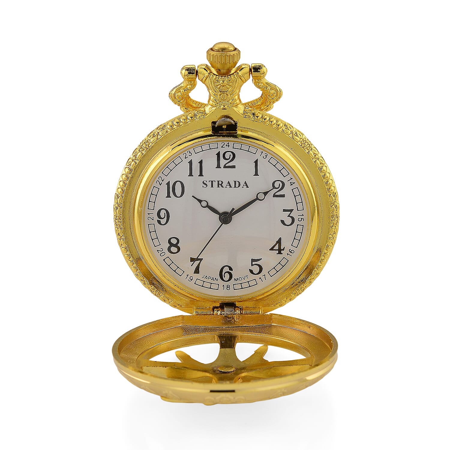 Strada Japanese Movement Rose Pattern Rotating Butterfly Pocket Watch with Chain (36 Inches) in Goldtone