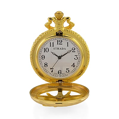 Strada Japanese Movement Rose Pattern Rotating Butterfly Pocket Watch with Chain (36 Inches) in Goldtone