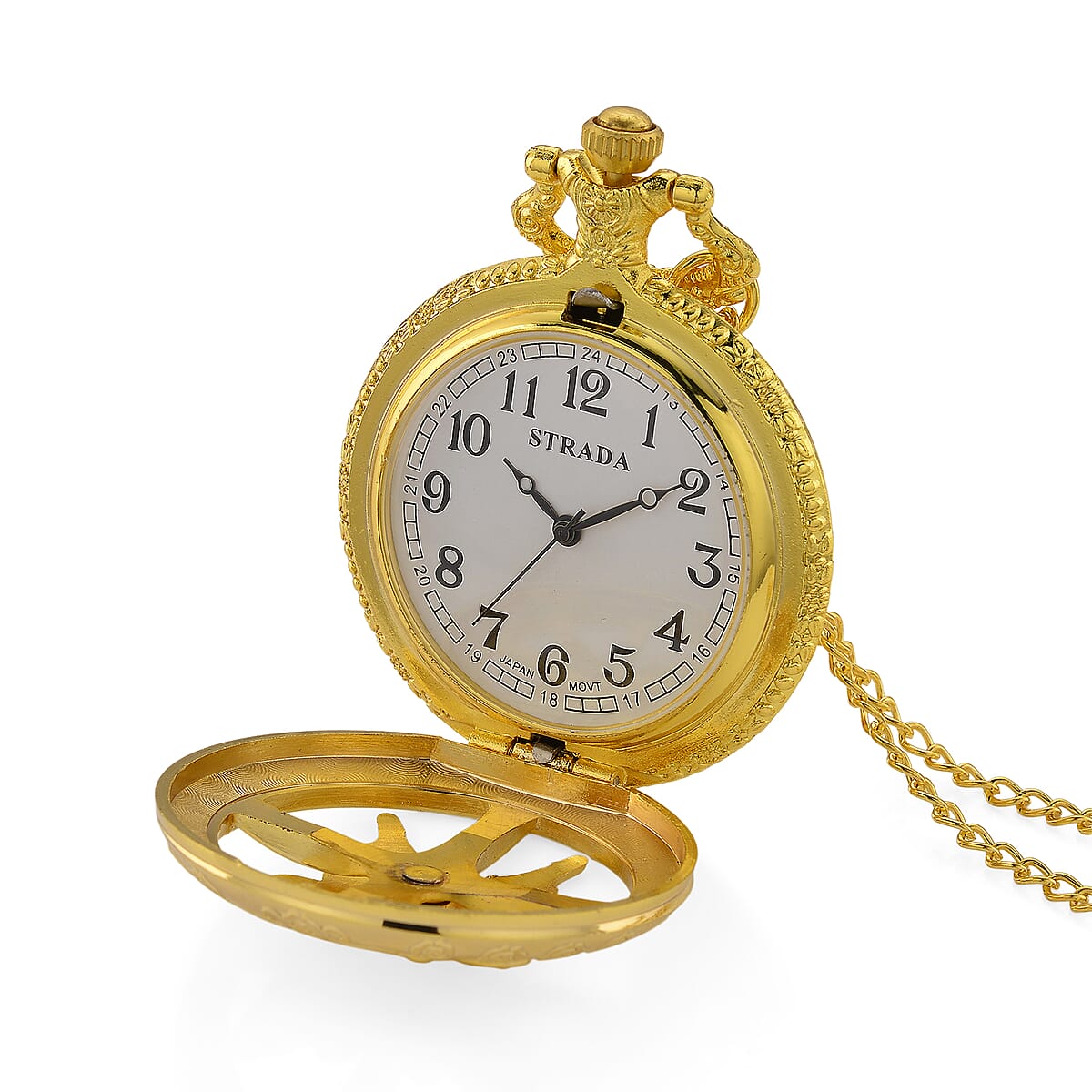 Strada Japanese Movement Rose Pattern Rotating Butterfly Pocket Watch with Chain (36 Inches) in Goldtone image number 7