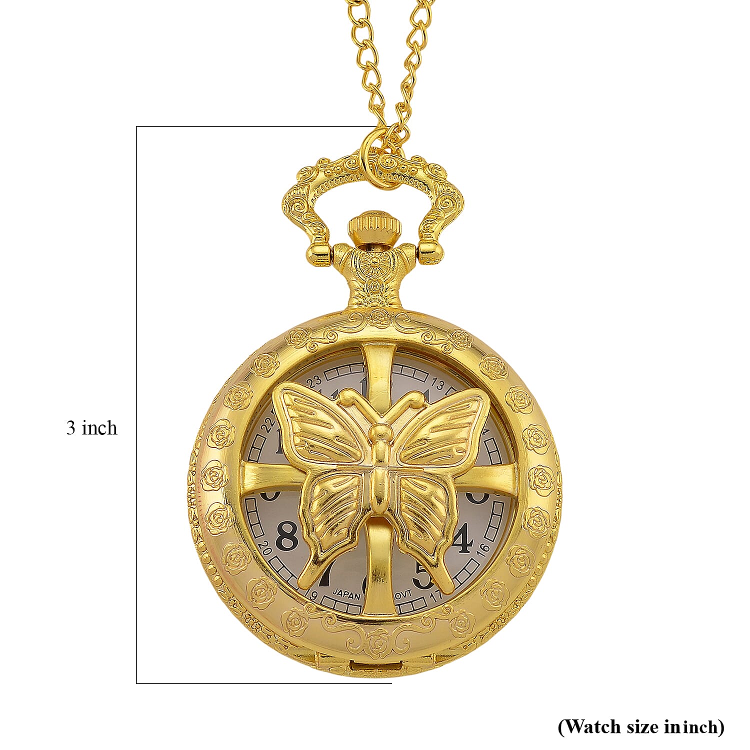 Strada Japanese Movement Rose Pattern Rotating Butterfly Pocket Watch with Chain (36 Inches) in Goldtone