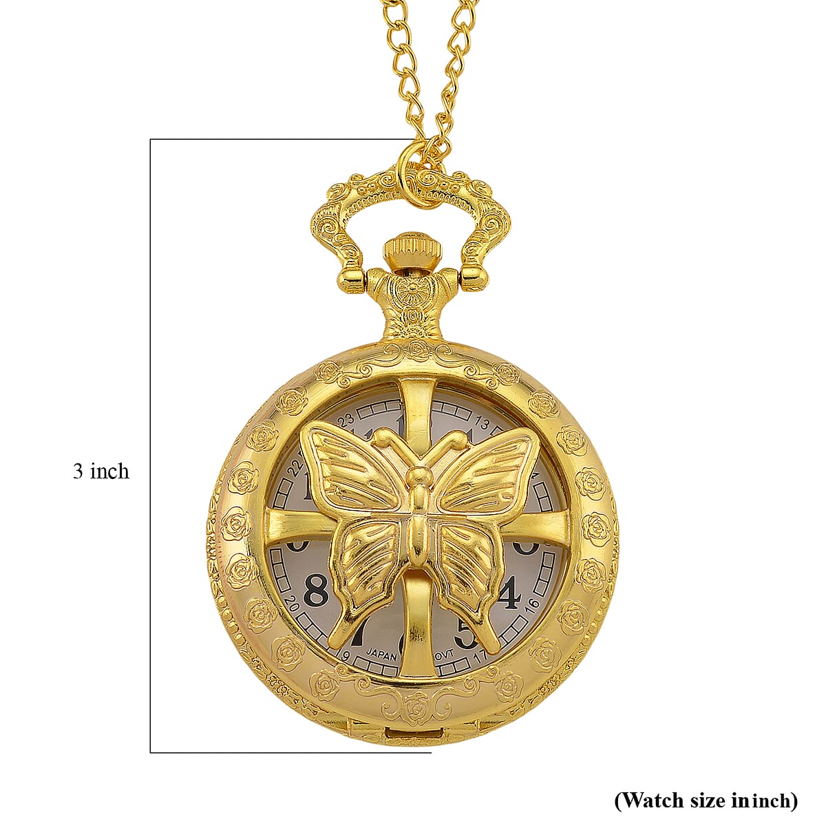 Strada Japanese Movement Rose Pattern Rotating Butterfly Pocket Watch with Chain (36 Inches) in Goldtone image number 8