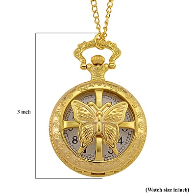Strada Japanese Movement Rose Pattern Rotating Butterfly Pocket Watch with Chain (36 Inches) in Goldtone