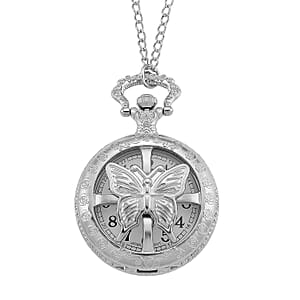 Strada Japanese Movement Rose Pattern Rotating Butterfly Pocket Watch with Chain (36 Inches) in Silvertone