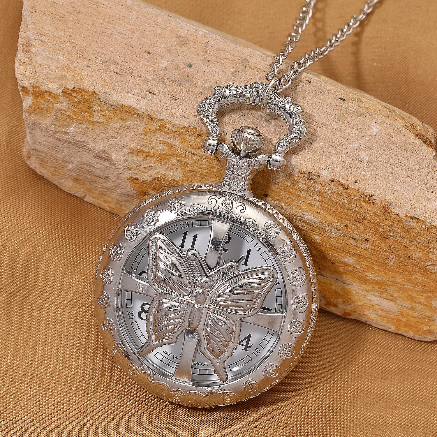 Strada Japanese Movement Rose Pattern Rotating Butterfly Pocket Watch with Chain (36 Inches) in Silvertone