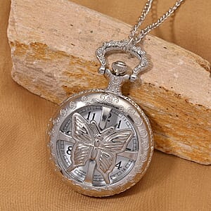 Strada Japanese Movement Rose Pattern Rotating Butterfly Pocket Watch with Chain (36 Inches) in Silvertone