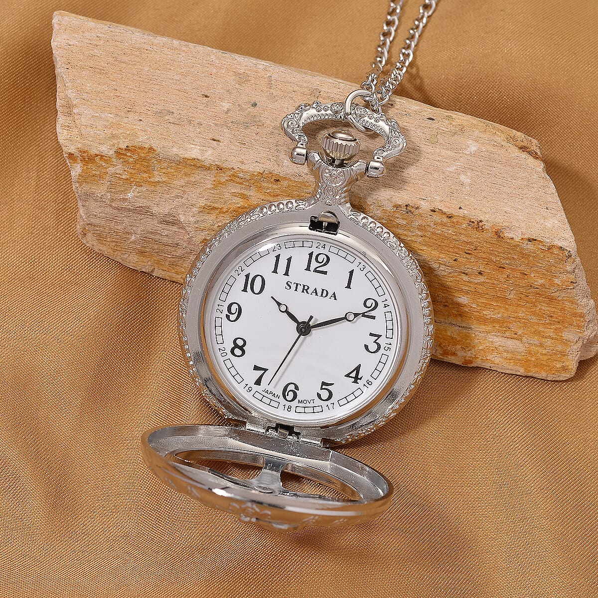 Strada Japanese Movement Rose Pattern Rotating Butterfly Pocket Watch with Chain (36 Inches) in Silvertone image number 2