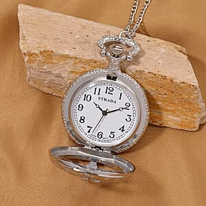 Strada Japanese Movement Rose Pattern Rotating Butterfly Pocket Watch with Chain (36 Inches) in Silvertone