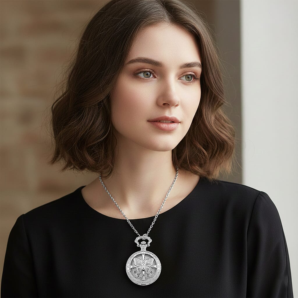Strada Japanese Movement Rose Pattern Rotating Butterfly Pocket Watch with Chain (36 Inches) in Silvertone