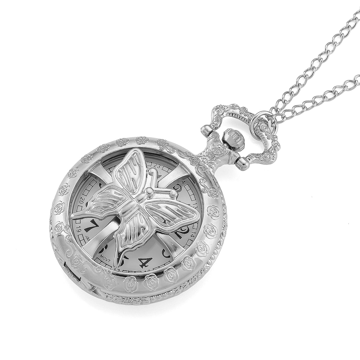 Strada Japanese Movement Rose Pattern Rotating Butterfly Pocket Watch with Chain (36 Inches) in Silvertone