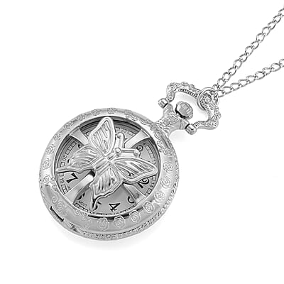Strada Japanese Movement Rose Pattern Rotating Butterfly Pocket Watch with Chain (36 Inches) in Silvertone