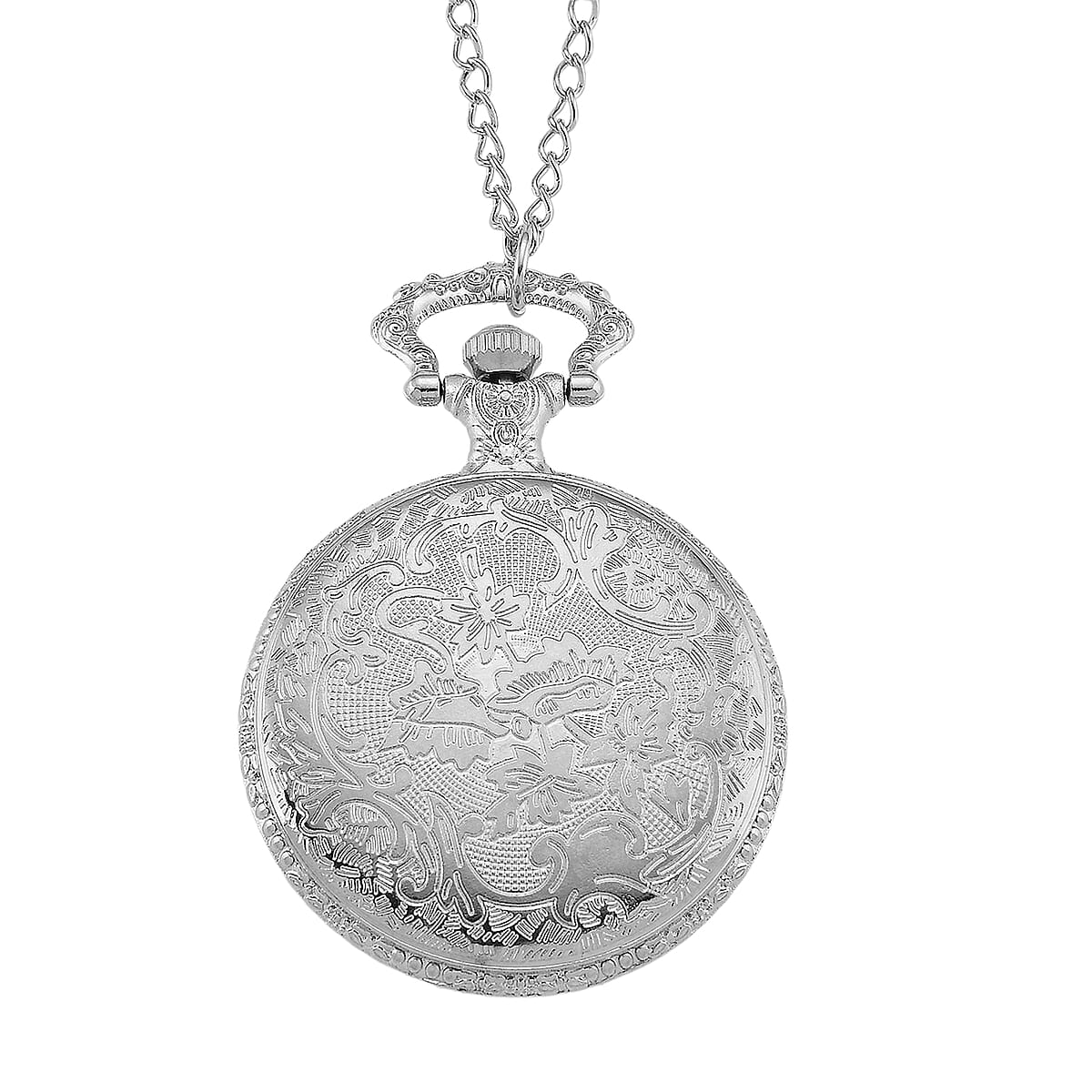 Strada Japanese Movement Rose Pattern Rotating Butterfly Pocket Watch with Chain (36 Inches) in Silvertone image number 5