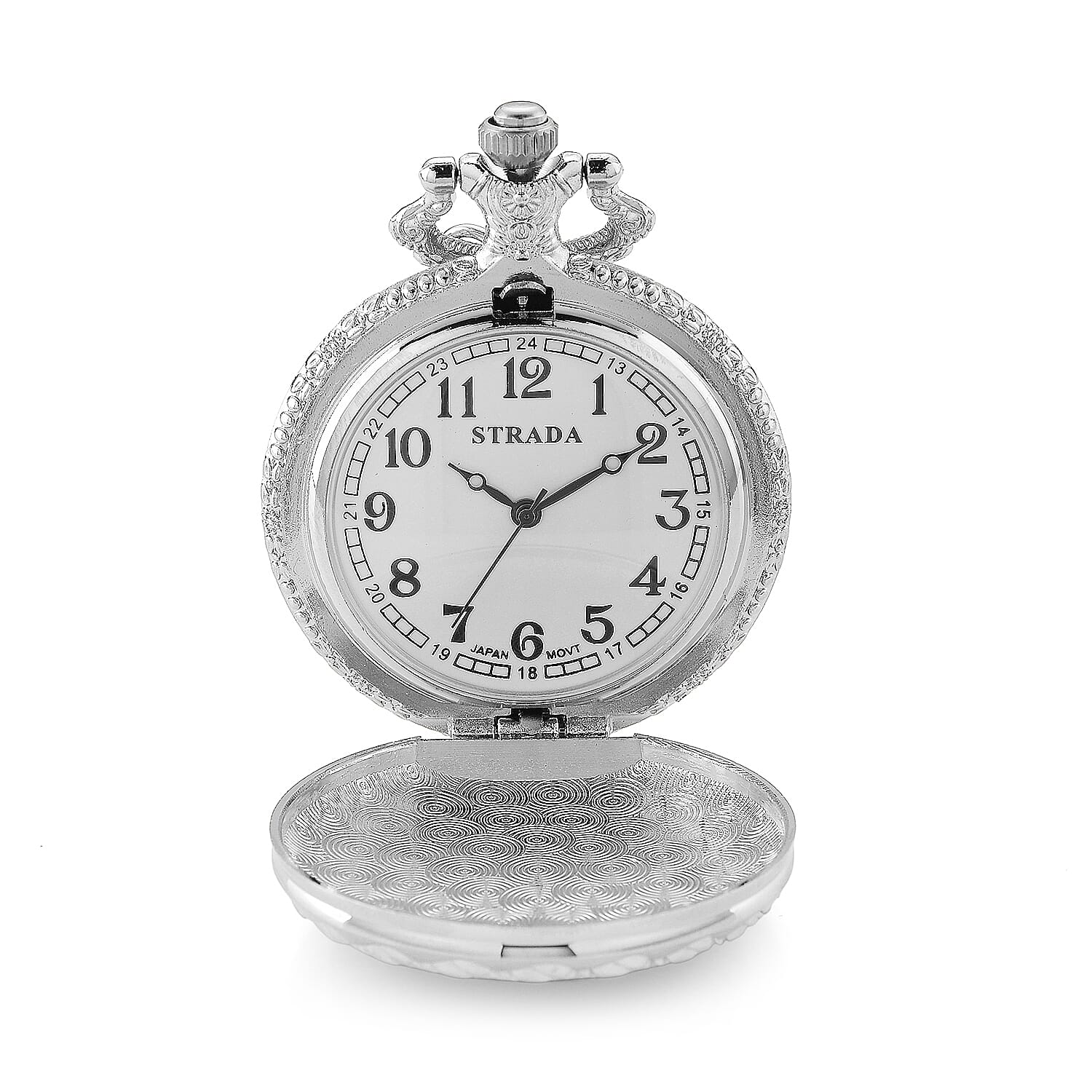 Strada Japanese Movement Rose Pattern Rotating Butterfly Pocket Watch with Chain (36 Inches) in Silvertone