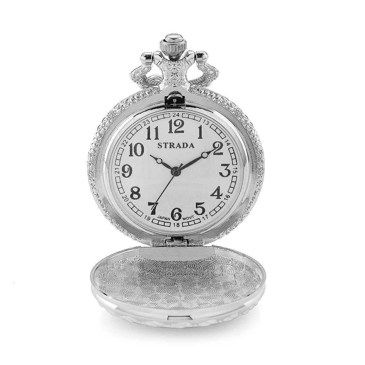 Strada Japanese Movement Rose Pattern Rotating Butterfly Pocket Watch with Chain (36 Inches) in Silvertone image number 6