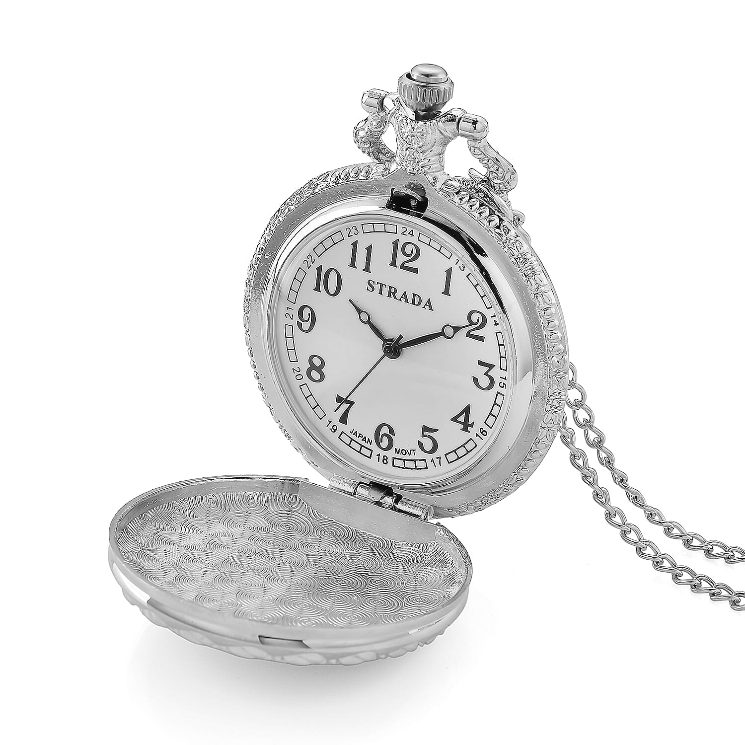 Strada Japanese Movement Rose Pattern Rotating Butterfly Pocket Watch with Chain (36 Inches) in Silvertone