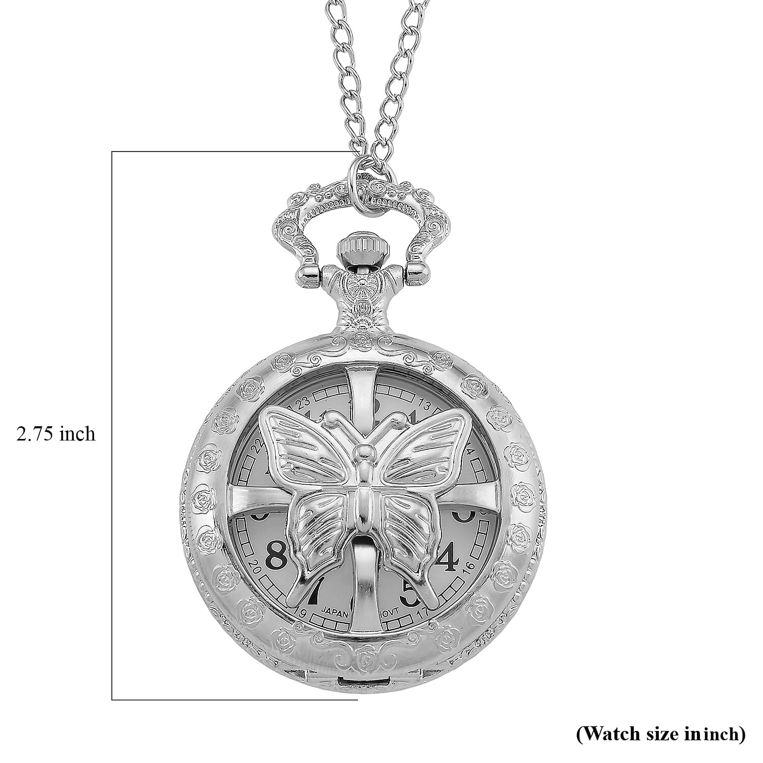 Strada Japanese Movement Rose Pattern Rotating Butterfly Pocket Watch with Chain (36 Inches) in Silvertone