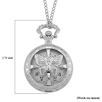 Strada Japanese Movement Rose Pattern Rotating Butterfly Pocket Watch with Chain (36 Inches) in Silvertone