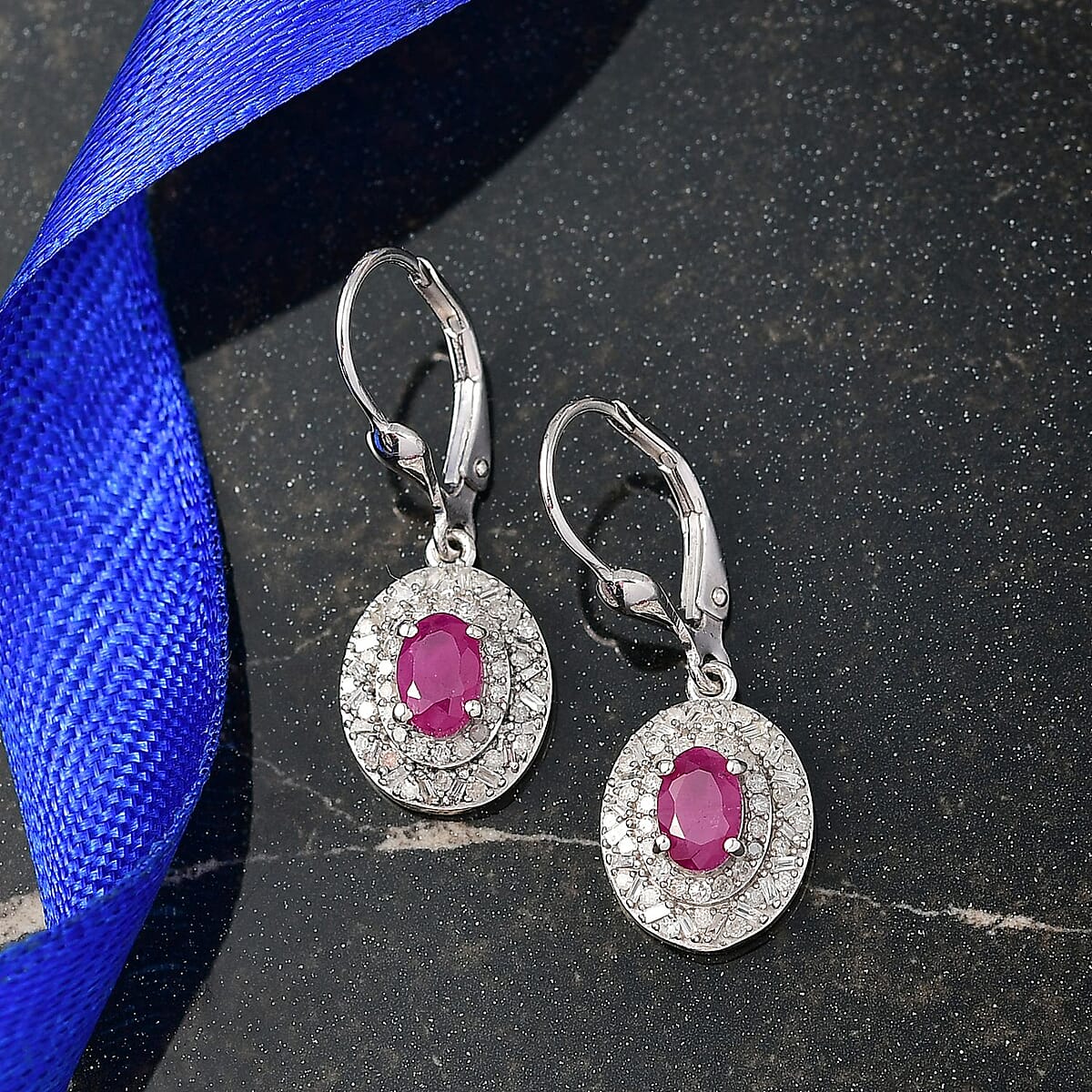 D'Joy Premium Royal Ruby and Diamond 1.85 ctw Snowflake Earrings in Rhodium Over Sterling Silver image number 1
