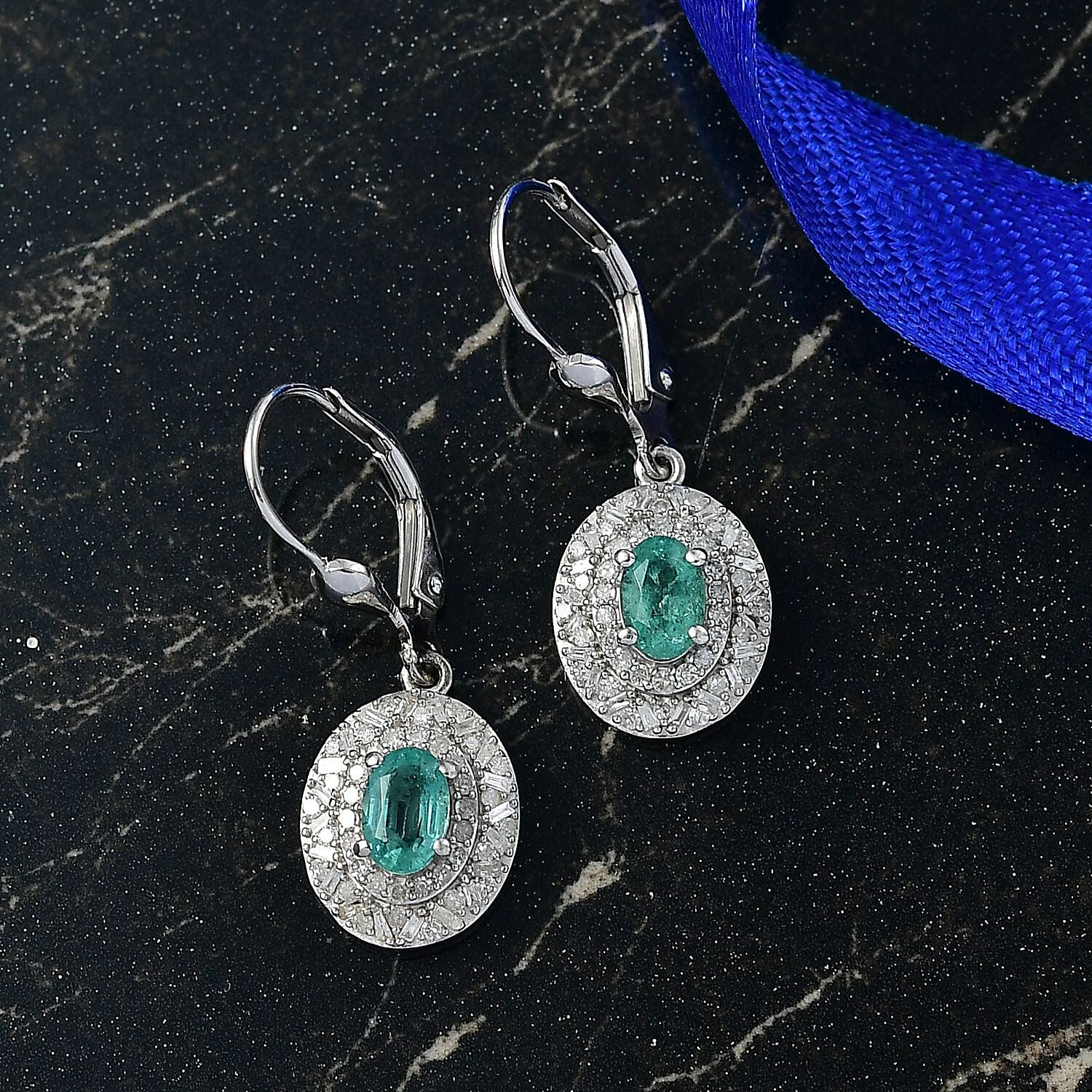 D'Joy Zambian Emerald, Diamond Snowflake Earrings in Rhodium Over Sterling Silver 1.20 ctw