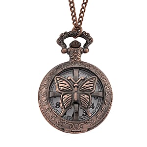 Strada Japanese Movement Rose Pattern Rotating Butterfly Pocket Watch with Chain (36 Inches) in Rosetone