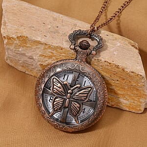 Strada Japanese Movement Rose Pattern Rotating Butterfly Pocket Watch with Chain (36 Inches) in Rosetone