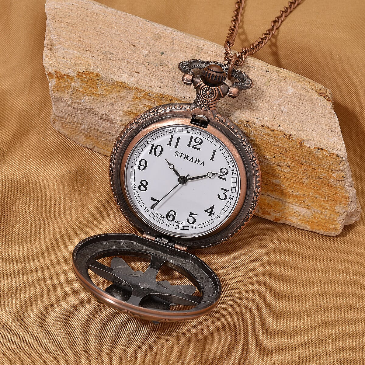 Strada Japanese Movement Rose Pattern Rotating Butterfly Pocket Watch with Chain (36 Inches) in Rosetone image number 2