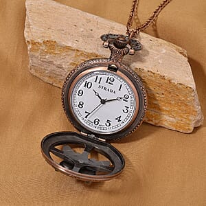 Strada Japanese Movement Rose Pattern Rotating Butterfly Pocket Watch with Chain (36 Inches) in Rosetone