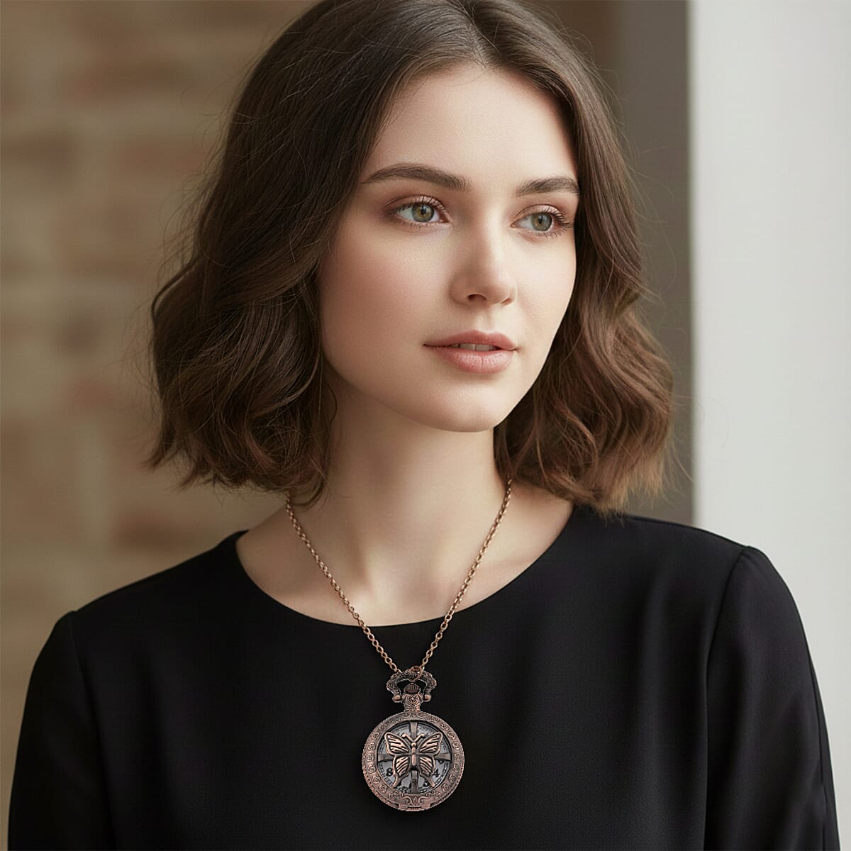 Strada Japanese Movement Rose Pattern Rotating Butterfly Pocket Watch with Chain (36 Inches) in Rosetone image number 3