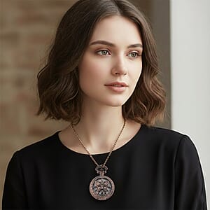 Strada Japanese Movement Rose Pattern Rotating Butterfly Pocket Watch with Chain (36 Inches) in Rosetone