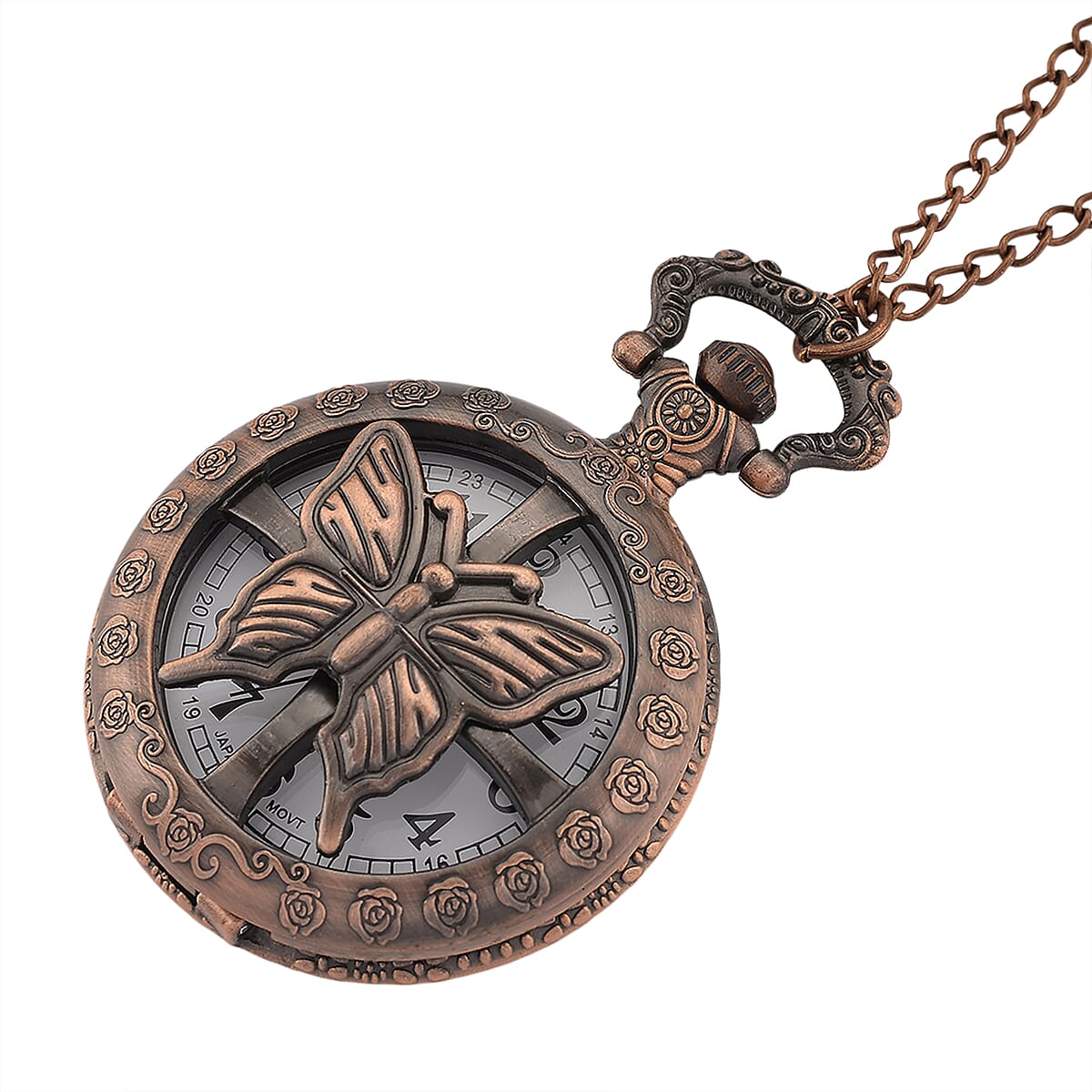 Strada Japanese Movement Rose Pattern Rotating Butterfly Pocket Watch with Chain (36 Inches) in Rosetone image number 4