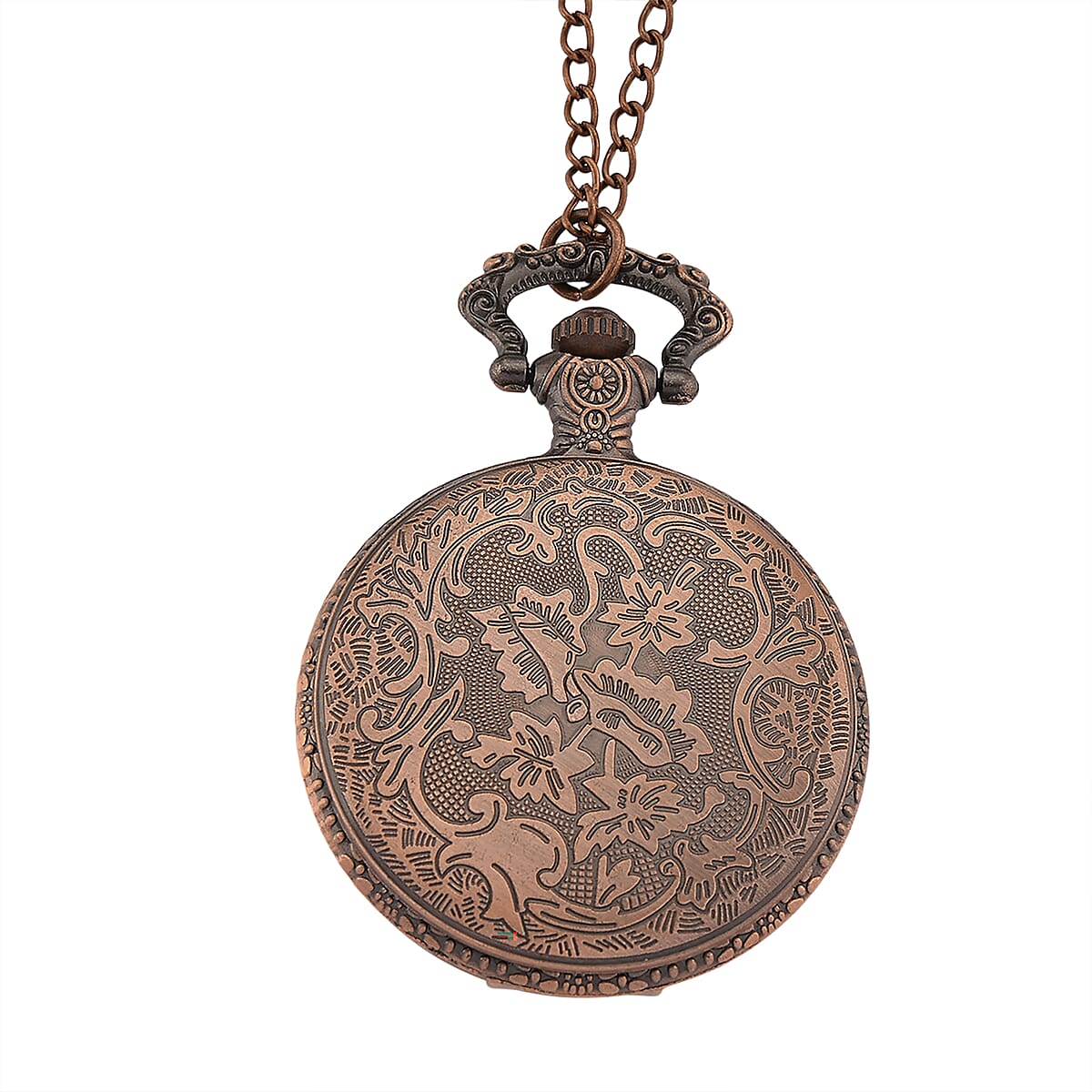 Strada Japanese Movement Rose Pattern Rotating Butterfly Pocket Watch with Chain (36 Inches) in Rosetone image number 5