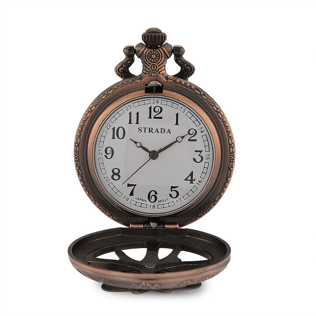 Strada Japanese Movement Rose Pattern Rotating Butterfly Pocket Watch with Chain (36 Inches) in Rosetone image number 6