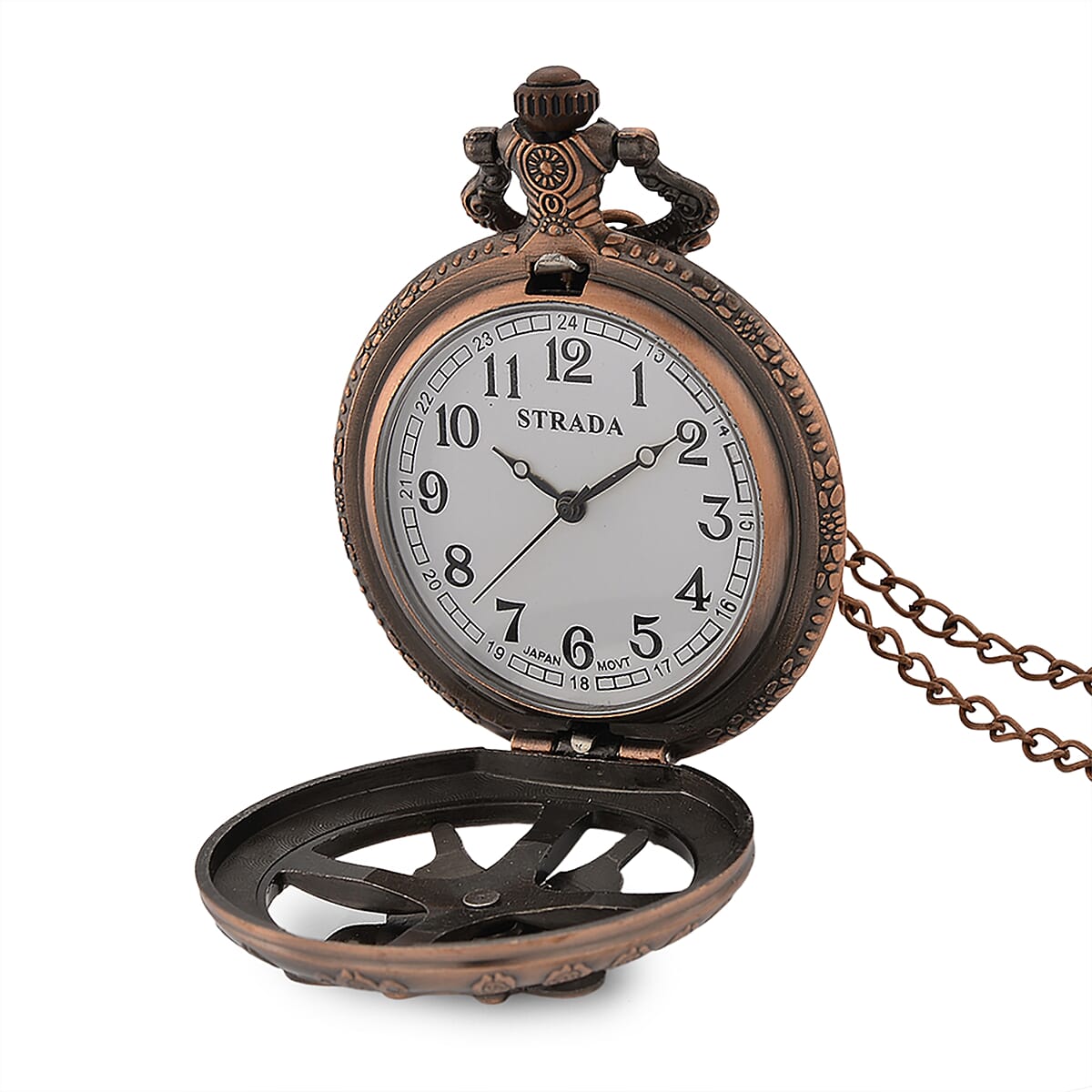 Strada Japanese Movement Rose Pattern Rotating Butterfly Pocket Watch with Chain (36 Inches) in Rosetone image number 7