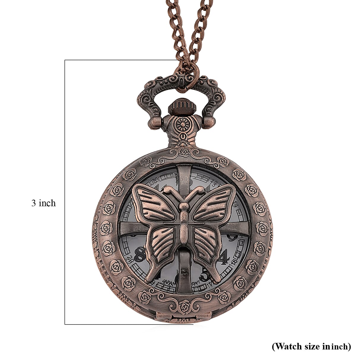 Strada Japanese Movement Rose Pattern Rotating Butterfly Pocket Watch with Chain (36 Inches) in Rosetone image number 8