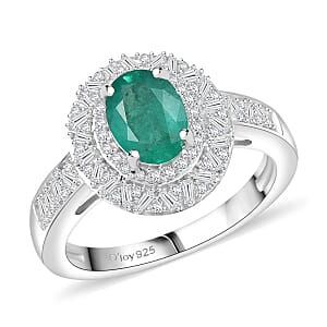 D'Joy Premium Kagem Zambian Emerald and Diamond 1.60 ctw Snowflake Ring in Rhodium Over Sterling Silver (Size 10.0)