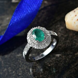 D'Joy Kagem Zambian Emerald, Diamond Snowflake Ring in Rhodium Over Sterling Silver 1.60 ctw (Size 10.0)
