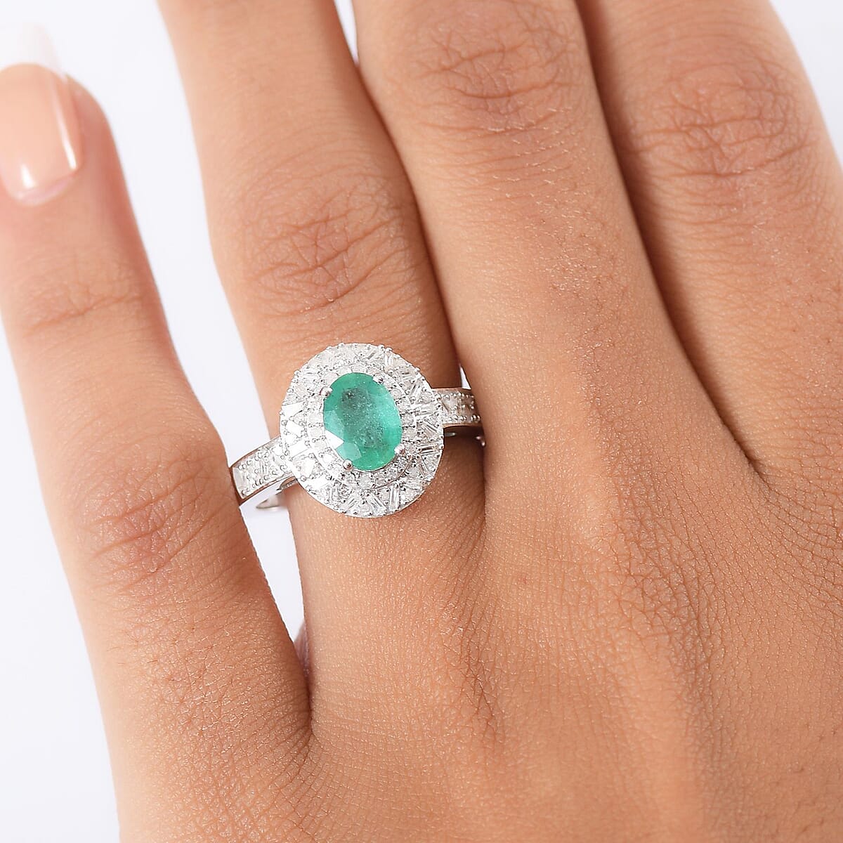 D'Joy Premium Kagem Zambian Emerald and Diamond 1.60 ctw Snowflake Ring in Rhodium Over Sterling Silver (Size 10.0) image number 2